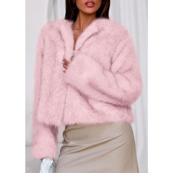 Women's Pink Winter Coats Fluffy Cropped Faux Fur Jacket Long Sleeve Open Front - Picture 7 of 8